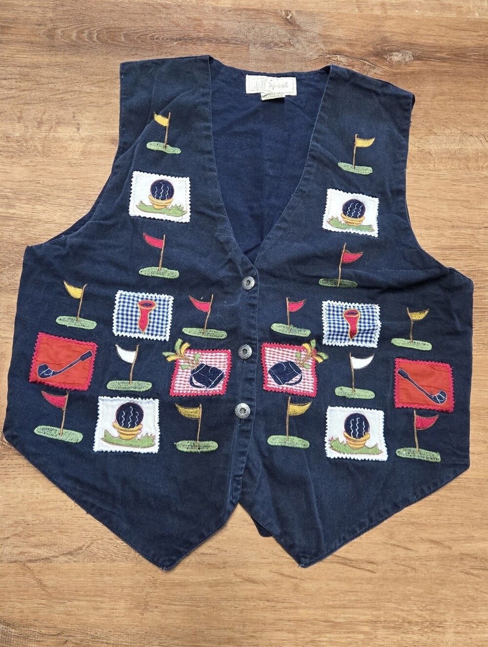 Vintage Womens id Sport Navy Golf Patchwork Button Vest Medium